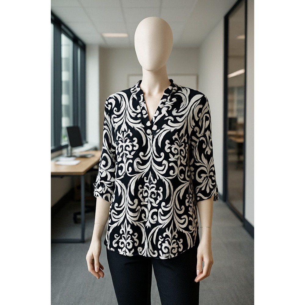 Women's Sz Large Black White Scroll Print Tunic Top Stretch Blouse Made in USA